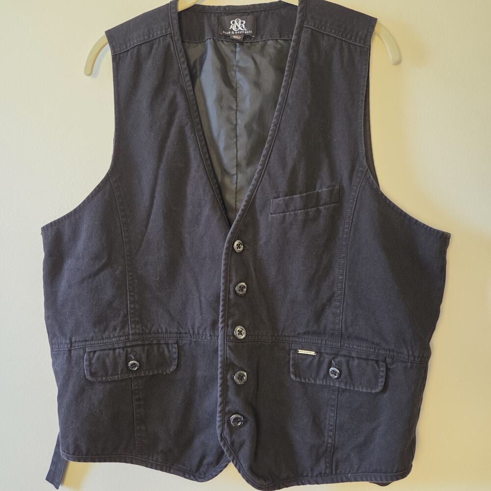 Rock & Republic Mens Black Cotton Utility Vest Waistcoat Sz XL Adjustable Cinch